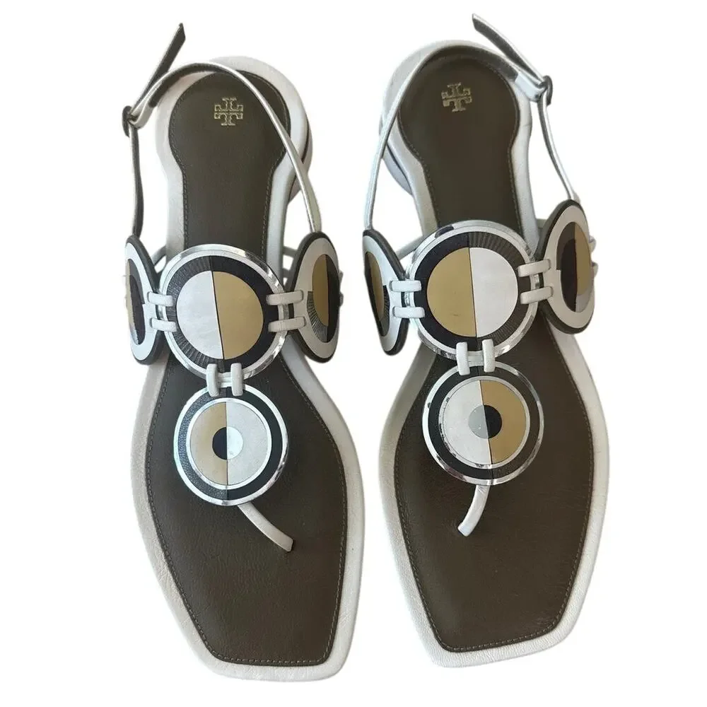 Tory Burch Marquetry Disk Sandal Cream Toasted‎ Sesame 9.5
